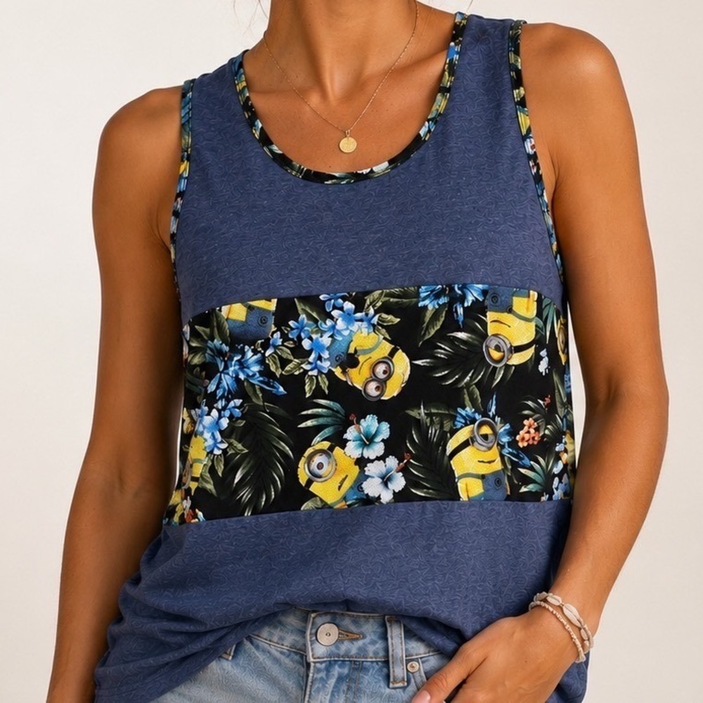 Despicable Me Women Blue Minion Tropica Floral Tank Top XL Sleeveless Mesh Panel